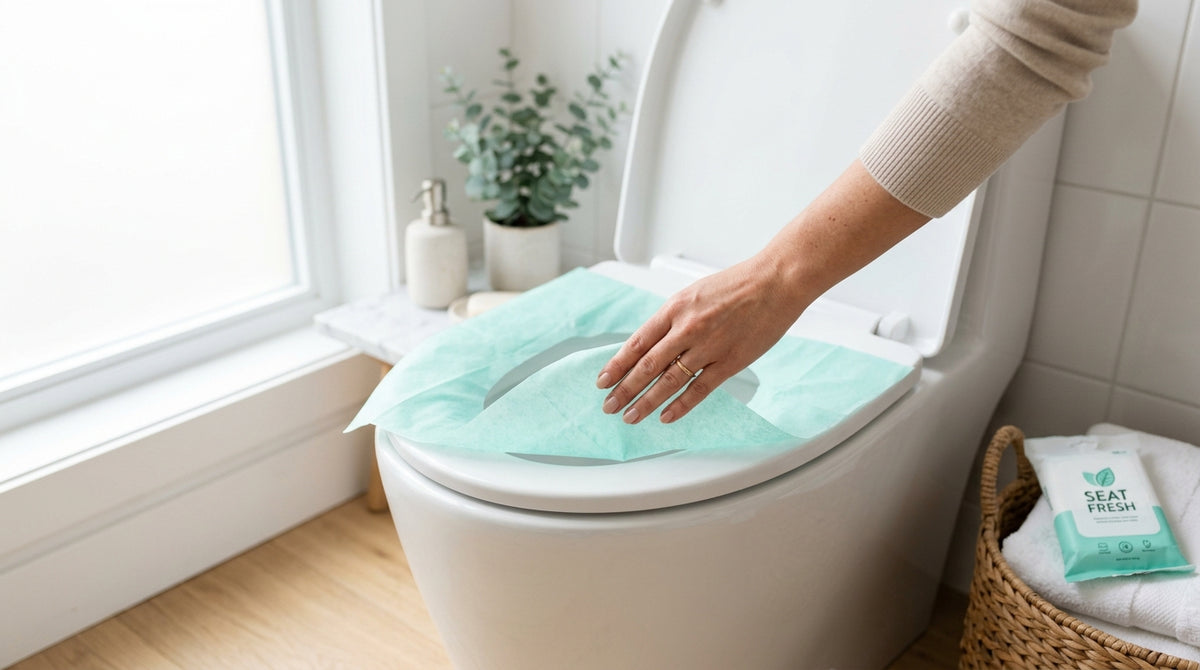 Hand placing a Vessa disposable toilet seat cover on a clean toilet seat
